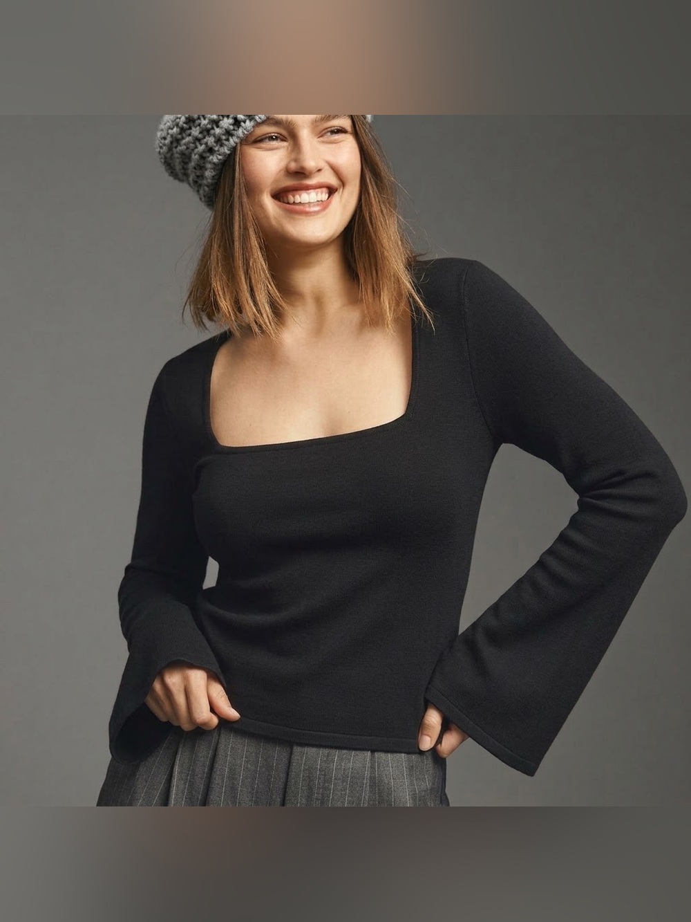 Mauve Square Neck Bell Sleeve Knit Women's Top - Black